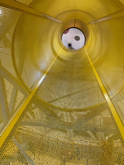 チャレンジタワーへ繋がる金網のトンネルの写真